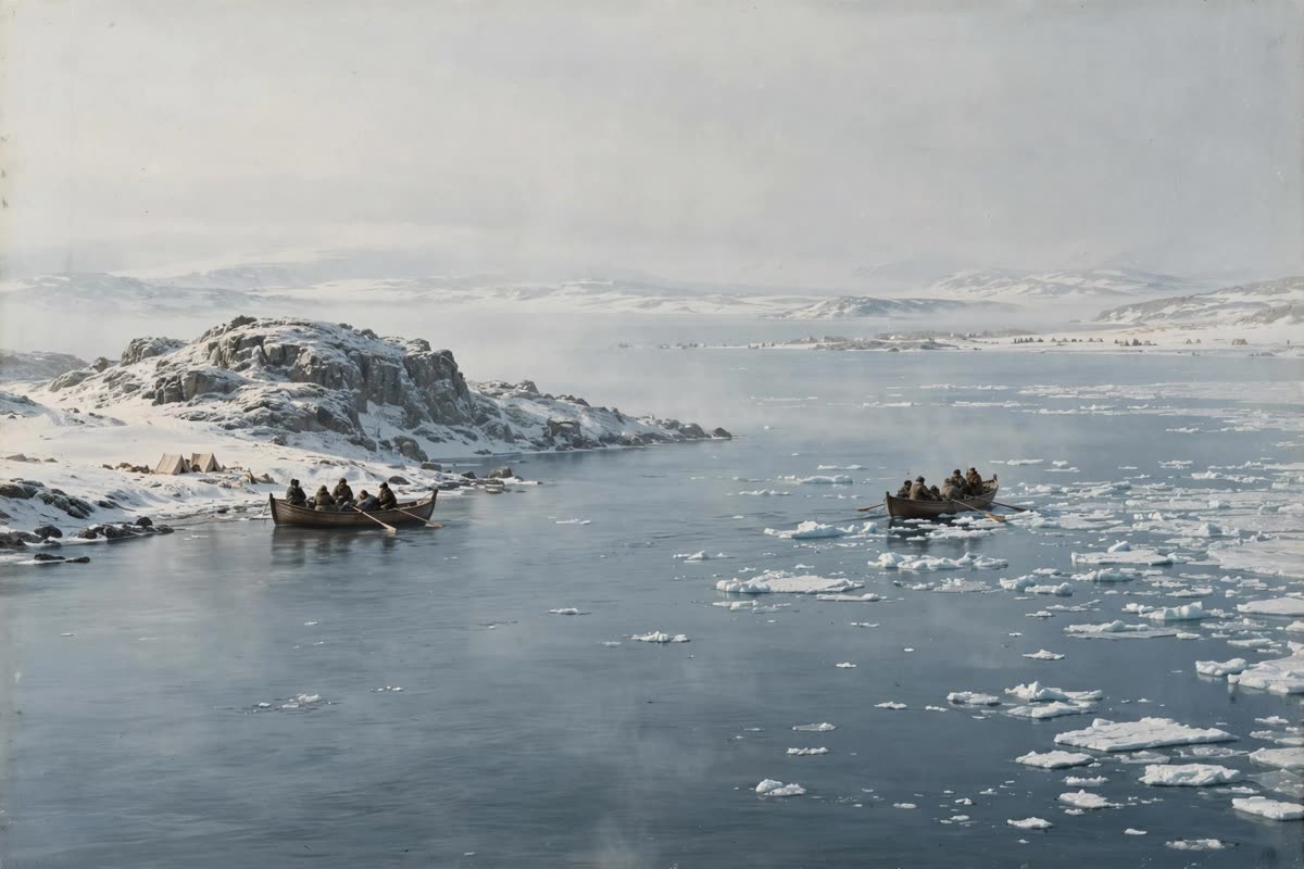 Two period lifeboats cross slate-blue polar water, one near a remote island, the other heading through scattered ice; faint tents cling to the distant horizon. A wide, solitary view under low polar daylight, with muted ivory snow, glacial blues, wind-scoured textures, and fine atmospheric haze. Cinematic historical illustration with restrained documentary realism, finished with subtle archival film grain.