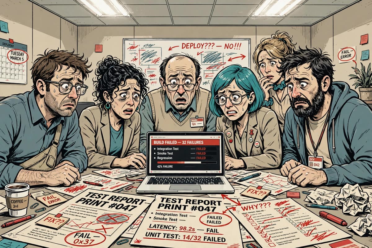 A tense team crowds a bright meeting room, staring at an open computer amid a cluttered table of oversized test printouts. Tuesday morning fluorescent light washes their awkward, expressive faces; alarming red marks punctuate muted beige and dusty teal. Cinematic wide composition, crisp ink outlines, editorial digital illustration with grotesque office satire, finished with a flat, graphic treatment.