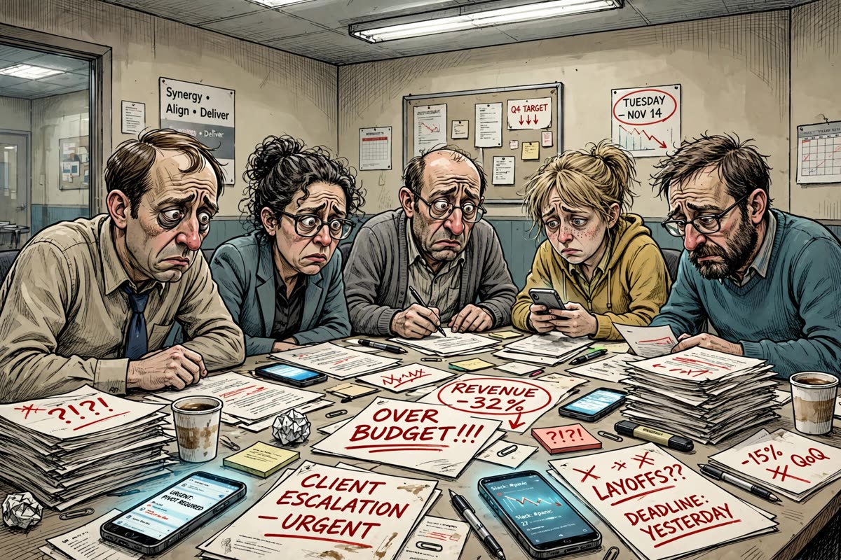 An awkward office team hunches over a cluttered conference table, phones glowing beside growing stacks of papers marked with alarming red strokes. In the same beige-and-dusty-teal meeting room, flat fluorescent Tuesday-morning light sharpens their expressive, slightly grotesque faces. Cinematic wide composition, crisp ink outlines, editorial digital illustration with slightly grotesque office satire.