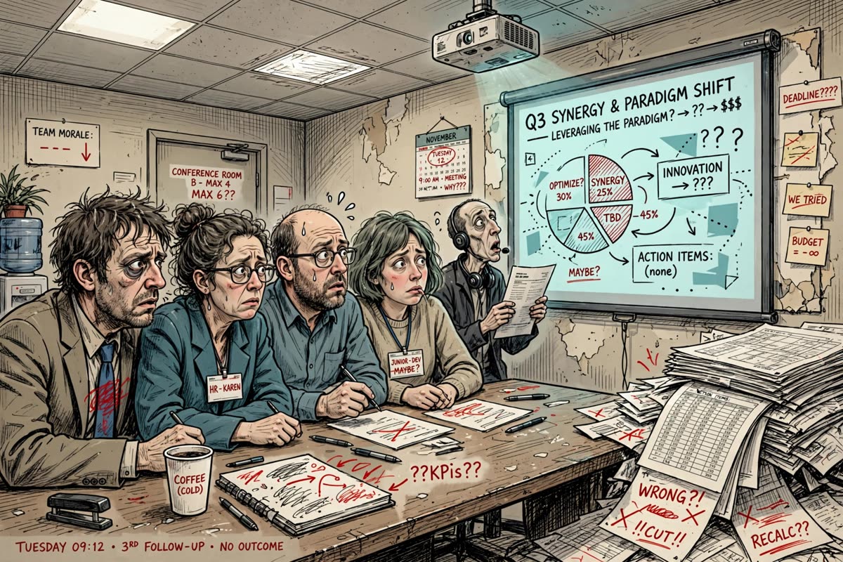 A cramped team crowds around a meeting table, staring awkwardly at an abstract projected presentation while a thick bundle of spreadsheet printouts spills across one corner. Tuesday morning in a bland office, under flat fluorescent light; muted beige and dusty teal, punctuated by alarming red marks. Cinematic wide composition, crisp ink outlines, grotesque editorial digital illustration in the satirical style of Allineiamoci Offline.