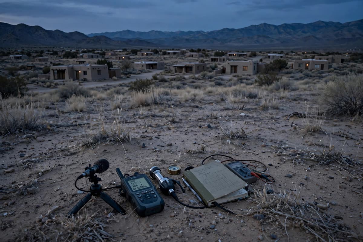 Quiet high-desert homes sit beneath distant mountains at dusk, with a small field microphone and measurement instruments resting in the foreground. Wide, low-angle composition; restrained documentary illustration in muted sand, slate blue, and charcoal, with subdued twilight and subtle archival grain, realistic and non-sensational, with no visible sound source.