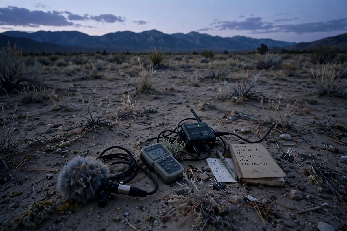 A small field microphone and measurement instruments rest on the ground in an open Taos high-desert clearing, with distant mountains under the dusk sky and no people or visible sound source. A restrained, realistic documentary illustration in a wide, low-angle composition, muted sand, slate blue, and charcoal tones, soft low light, and subtle archival grain, in the visual style of Zone d’Ombra.