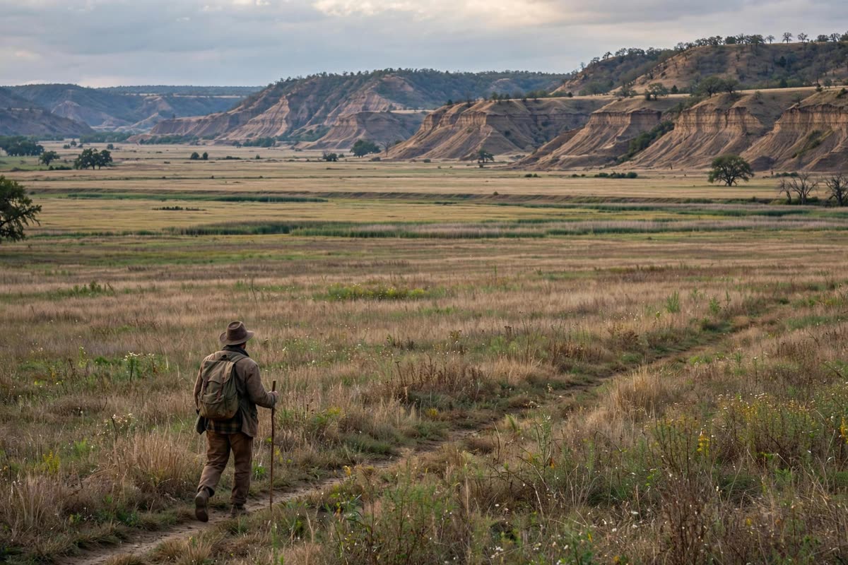 Una pianura ampia nella valle del Mississippi; rilievi di terra si distinguono sullo sfondo e il viaggiatore attraversa il paesaggio a piedi. Nessun testo nell’immagine.