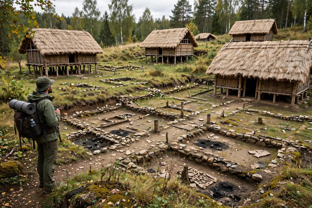 Una zona residenziale ricostruita con abitazioni di pali di legno e coperture di paglia; il viaggiatore osserva le tracce degli spazi abitati. Nessun testo nell’immagine.