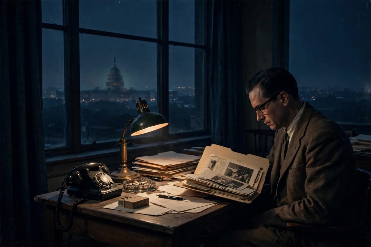 A lone figure studies an open archival folder at a desk, with the distant Capitol silhouette beyond a window. Restrained documentary illustration of 1952 Washington at night, framed in a quiet medium-wide composition; low atmospheric navy light, faded cream and restrained amber, subtle film grain, historically grounded, no sensational imagery or readable text.