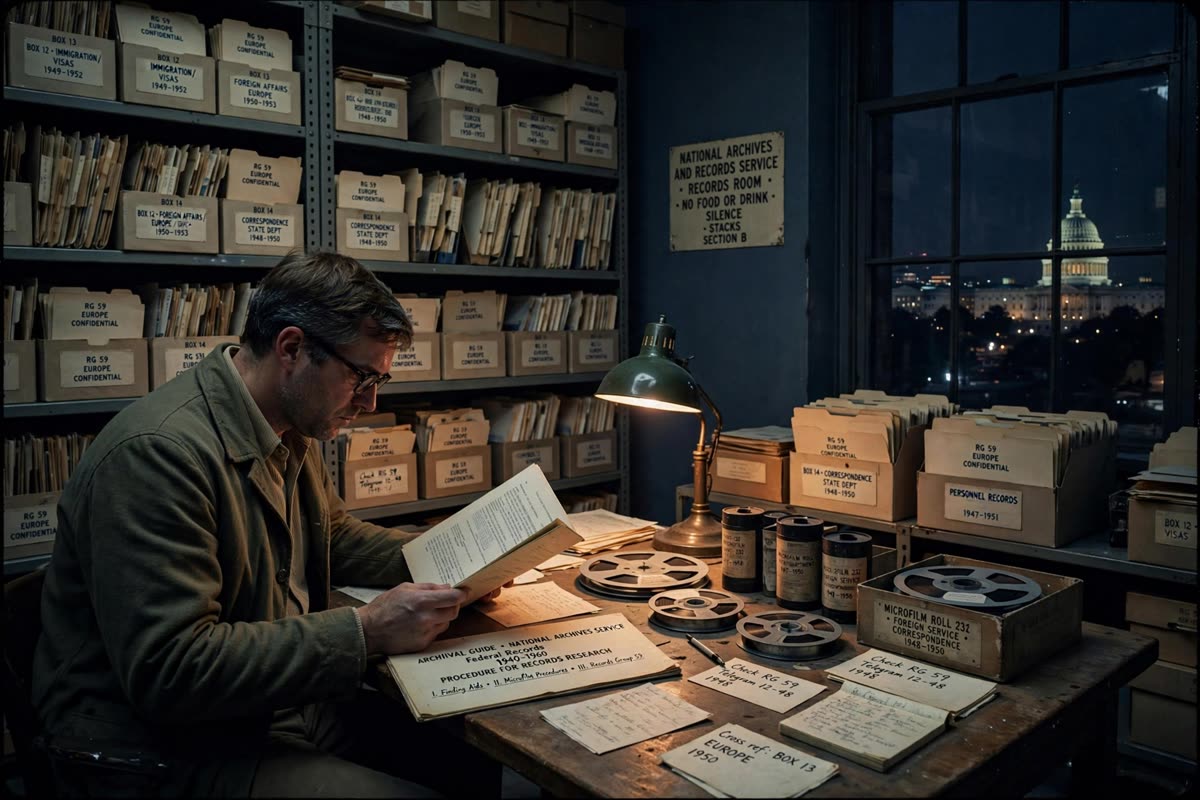 A solitary investigator studies an archival guide beside microfilm reels in a Washington, D.C. records room, orderly folders lining the shelves and the Capitol faint beyond a window. At night, low atmospheric light falls across the scene. A restrained documentary illustration in muted navy, faded cream, and restrained amber, framed in a medium-wide shot with subtle film grain and historically grounded detail.